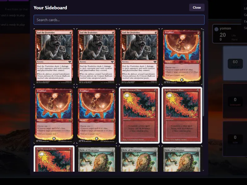 Sideboard zone for swapping cards between games
